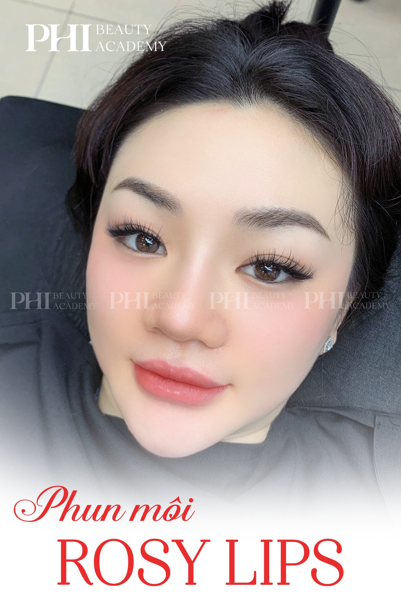 Khách hàng 18 tuổi sau phun môi tại Phi Beauty – sắc môi đỏ hồng tự nhiên, căng mịn và đều màu.